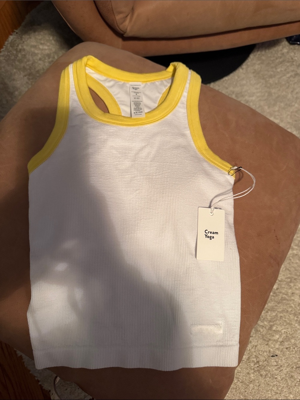 Cream Yoga Kira White Tank Top with Yellow Trim
